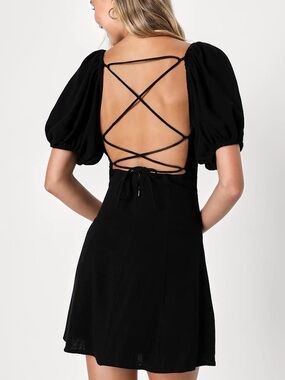 Lulus Coveting Cuteness Black Linen Puff Sleeve Mini Dress NWT